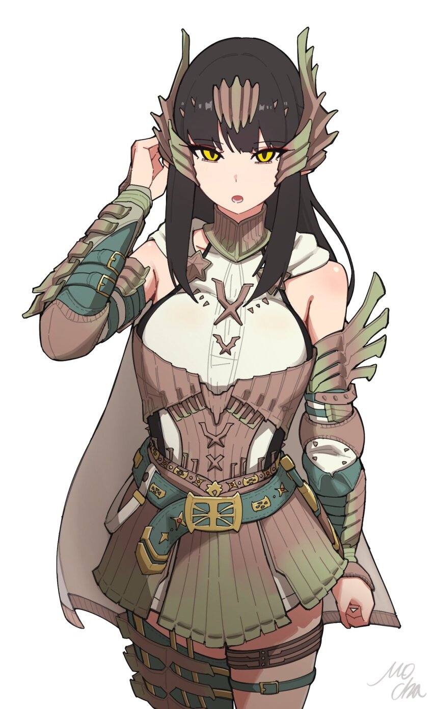 1girl :o alternate_costume aqua_belt armor bare_shoulders belt belt_buckle black_hair buckle cape commentary_request eyeshadow highres jin_dahaad_(armor) long_hair looking_at_viewer makeup minoto mocha_mh monster_hunter_(series) monster_hunter_rise monster_hunter_wilds signature simple_background solo white_background white_cape yellow_eyes
