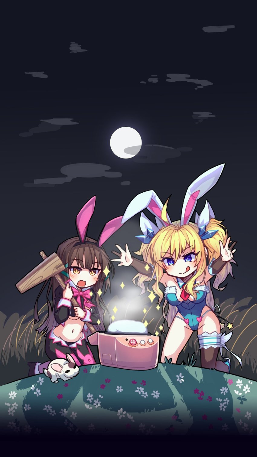 2girls ahoge animal_ears artist_request between_breasts black_legwear blonde_hair blue_eyes blue_leotard blush breasts brown_eyes brown_hair chibi cleavage clothing_cutout detached_collar elbow_gloves fake_animal_ears food gloves grass hair_ornament heart_cutout highleg highleg_leotard highres kise_hotaru large_breasts leotard lilith-soft long_hair medium_breasts mochi moon multiple_girls navel navel_cutout necktie necktie_between_breasts night night_sky official_art official_wallpaper onizaki_kirara open_mouth parted_lips partially_fingerless_gloves phone_wallpaper playboy_bunny rabbit rabbit_ears sitting sky smile strapless strapless_leotard taimanin_(series) taimanin_rpgx thighhighs thong_leotard twintails two_side_up upper_body very_long_hair wallpaper wrist_cuffs