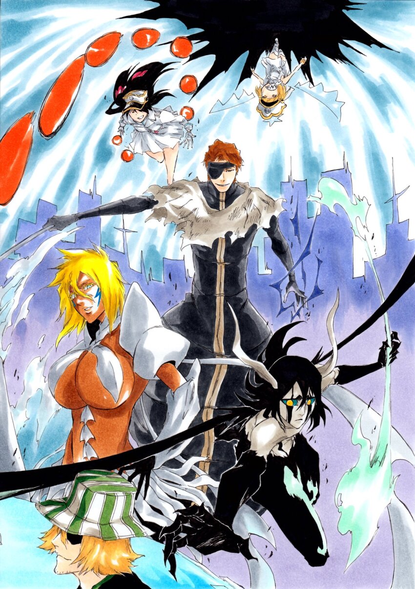 3boys 3girls aizen_sousuke arrancar bambietta_basterbine black_bodysuit black_hair bleach bleach:_sennen_kessen-hen blonde_hair blue_halo blunt_bangs bob_cut bodysuit breasts brown_hair casting_spell claws cleavage closed_mouth colored_eyelashes colored_sclera colored_skin commentary_request commission dark-skinned_female dark_skin demon_boy demon_horns demon_wings dress energy_ball energy_spear energy_wings expressionless eyepatch facial_hair facial_mark fighting_stance floating_hair foreshortening full_body gloves green_eyes green_sclera grin hair_between_eyes halo hand_on_own_hip hat highres holding holding_polearm holding_sword holding_weapon horns incoming_attack ken&#039;ichi_(ken1ro_u) kubo_tite_(style) large_breasts liltotto_lamperd long_hair long_sleeves looking_at_viewer military_hat military_uniform miniskirt multiple_boys multiple_girls official_style one_eye_covered outstretched_arm parted_lips pleated_skirt polearm profile purple_background resurreccion resurreccion:_segunda_etapa revealing_clothes shaded_face sharp_teeth shirt short_dress simple_background skirt sleeveless sleeveless_dress smile spiked_hair stubble sword teeth thighhighs tier_harribel tsurime ulquiorra_cifer underboob upper_body upside-down urahara_kisuke vollstandig weapon white_dress white_gloves white_hat white_shirt white_skin white_skirt white_thighhighs wide_shot wings yellow_eyes zettai_ryouiki