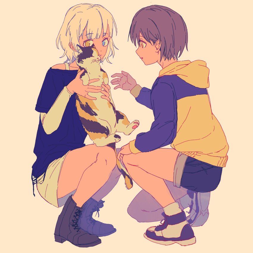 2girls animal bang_dream! bang_dream!_it&#039;s_mygo!!!!! black_boots blue_eyes blue_hoodie boots calico_(pattern) calico_cat cat commentary grey_hair hashtag-only_commentary heterochromia highres holding holding_animal holding_cat hood hoodie kaname_raana multiple_girls open_mouth orange_background ryow_6 short_hair simple_background smile squatting takamatsu_tomori two-tone_hoodie white_hair wolf_cut yellow_eyes yellow_hoodie