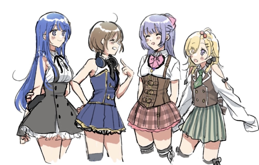 4girls ^_^ ahoge arms_behind_back assault_lily bangs_pinned_back bare_arms bare_shoulders belt belt_buckle black_necktie black_ribbon black_thighhighs blue_eyes blue_hair blue_shirt blue_skirt blush bow bowtie braid breasts brown_belt brown_hair brown_skirt brown_vest buckle buttons closed_eyes closed_mouth clothing_cutout collared_shirt commentary_request corset cowboy_shot cropped_legs double-breasted eyes_visible_through_hair facing_viewer frilled_shirt frilled_skirt frills fukuyama_jeanne_sachie green_necktie grin hair_between_eyes hair_bobbles hair_bow hair_ornament hair_over_one_eye hairclip half_up_braid half_updo hand_on_own_arm hand_on_own_hip headphones headphones_around_neck hibino_waku high-waist_skirt jewelry kawamura_yuzuriha leg_ribbon long_hair long_sleeves looking_at_another ludvico_private_girls&#039;_academy_school_uniform medium_breasts medium_hair multiple_belts multiple_girls neck_ribbon necktie odaiba_girls_high_school_uniform parted_lips pendant pink_bow pink_bowtie plaid_clothes plaid_skirt pleated_skirt pointing pointing_at_self profile purple_eyes purple_hair ribbon school_uniform shakeza shirt short_hair short_necktie short_sleeves shoulder_cutout sidelocks simple_background single_braid single_thighhigh sketch skirt sleeve_bow sleeveless sleeveless_shirt sleeves_past_fingers sleeves_past_wrists smile standing summer_uniform suspender_skirt suspenders taniguchi_hijiri thigh_bow thigh_ribbon thighhighs two-tone_shirt underbust v-shaped_eyebrows very_long_hair vest white_background white_ribbon white_shirt yurigaoka_girls_academy_school_uniform zettai_ryouiki