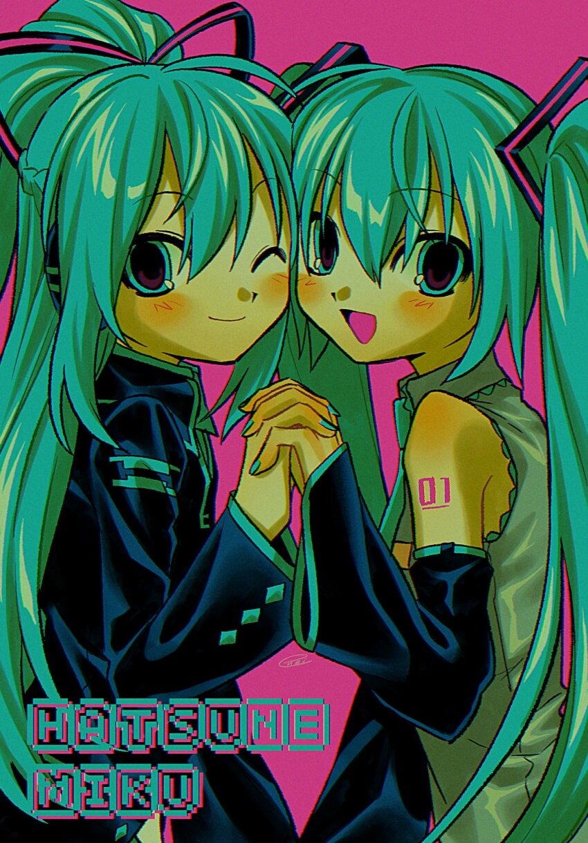 2girls :d aqua_eyes aqua_hair aqua_nails aqua_necktie aqua_trim arm_tattoo bare_shoulders black_jacket black_sleeves blush braid character_name chromatic_aberration closed_mouth collared_jacket collared_shirt commentary_request detached_sleeves double-parted_bangs dual_persona english_text film_grain frilled_shirt frilled_shirt_collar frills grey_shirt hair_between_eyes half_up_braid hand_up hatsune_miku hatsune_miku_(if) highres holding_hands jacket long_hair long_sleeves menma_(enaic31) multiple_girls necktie number_tattoo one_eye_closed open_mouth pink_background ponytail retro_artstyle shirt signature simple_background smile tattoo three_quarter_view tongue twintails upper_body vocaloid