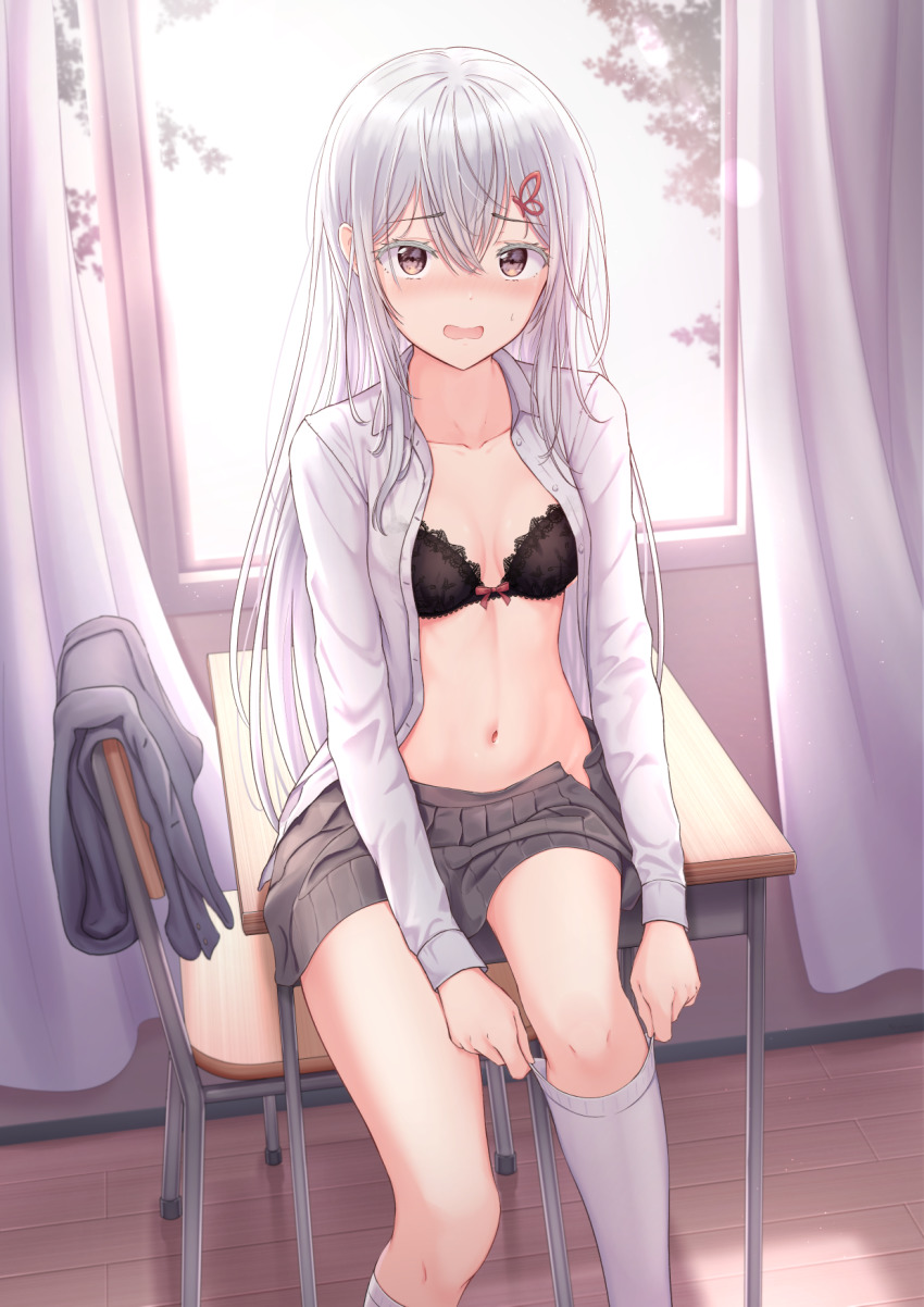 1girl adjusting_clothes adjusting_legwear black_bra blush bow bow_bra bra breasts brown_eyes buttons chair classroom collarbone collared_shirt colored_eyelashes commentary contemporary day desk dress_shirt dressing echidna_(re:zero) english_commentary grey_skirt hair_between_eyes hair_ornament highres indoors jacket kneehighs kneehighs_pull lace lace-trimmed_bra lace_bra lace_trim long_hair long_sleeves looking_at_viewer marinesnow miniskirt navel on_desk open_clothes open_mouth open_shirt pleated_skirt pulling_own_clothes re:zero_kara_hajimeru_isekai_seikatsu red_bow school_chair school_desk school_uniform shirt sidelocks signature sitting skirt small_breasts socks solo stomach symbol-only_commentary underwear unfinished unworn_jacket very_long_hair white_eyelashes white_hair white_shirt window wing_collar wooden_floor