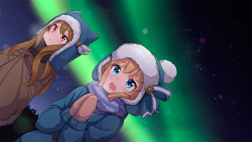 2girls :d ame. animal_ears animal_hat aurora azur_lane beanie blonde_hair blue_eyes blue_headwear blue_jacket blush breath brown_hair brown_mittens commentary_request dutch_angle fake_animal_ears fringe_trim hands_up hardy_(azur_lane) hat hunter_(azur_lane) jacket long_hair long_sleeves mittens multiple_girls night night_sky open_mouth outdoors own_hands_together parted_lips red_eyes sky smile star_(sky) starry_sky upper_body