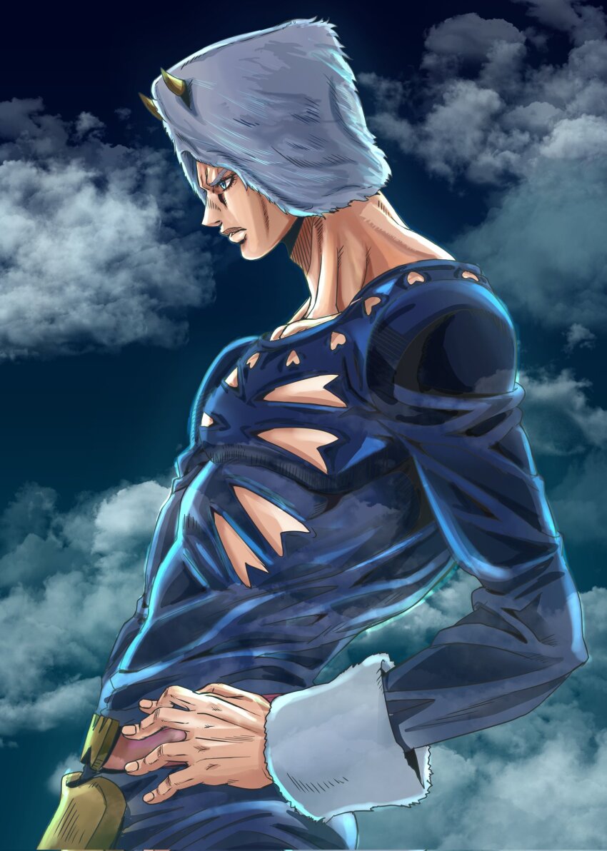 1boy araki_hirohiko_(style) belt blue_bodysuit blue_eyes bodysuit brown_belt clothing_cutout cloud collarbone commentary_request fake_horns from_side fur-trimmed_sleeves fur_hat fur_trim hands_on_own_hips hat highres horned_hat horns ishimoto_shun&#039;ichi jojo_no_kimyou_na_bouken male_focus official_style solo stone_ocean weather_report white_fur