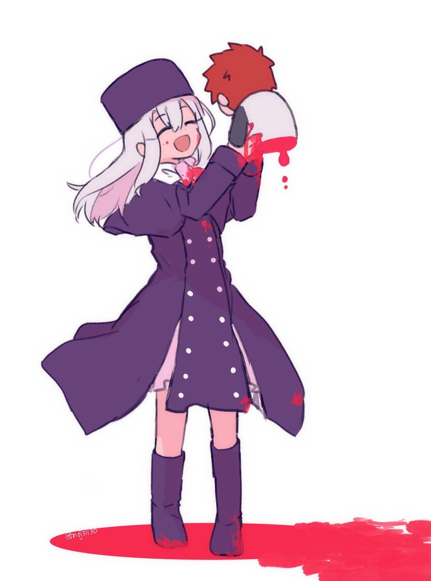 1boy 1girl bad_end bisected blood chibi closed_eyes coat death fate/stay_night fate_(series) fur_hat hat highres illyasviel_von_einzbern long_hair open_mouth papakha purple_coat purple_headwear saihara scarf sketch smile spoilers white_hair