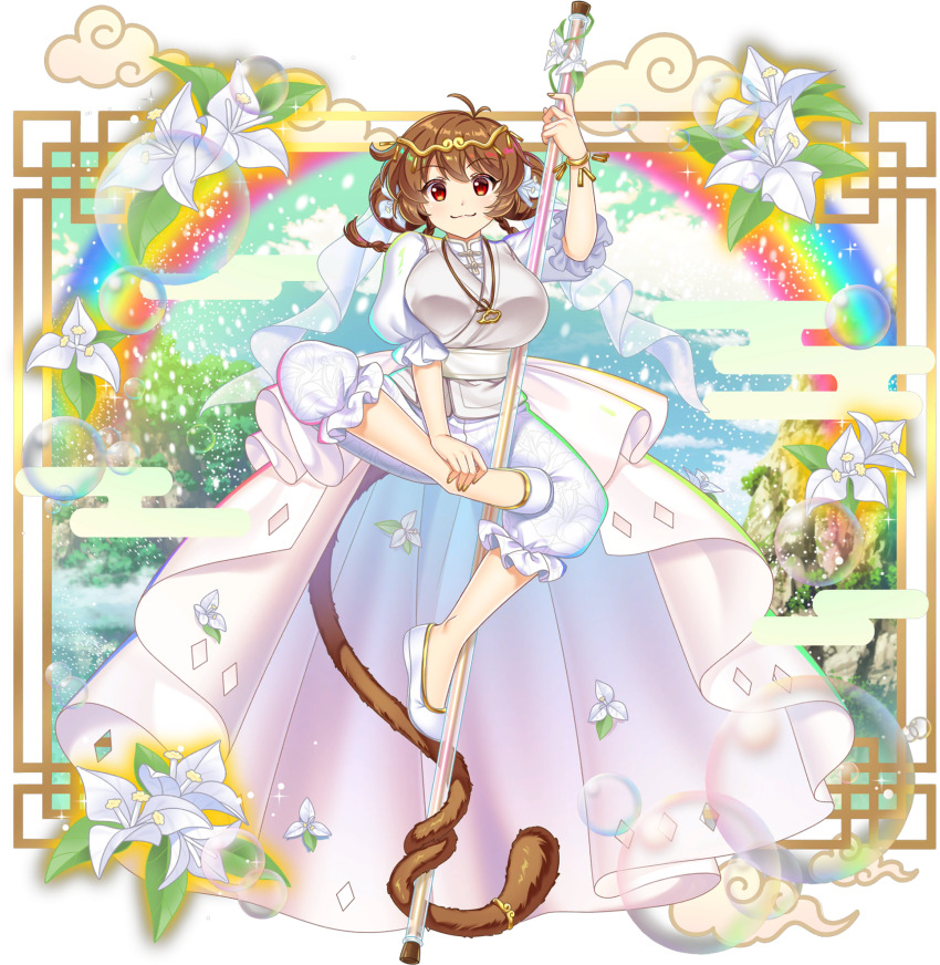 1girl :3 alternate_costume bo_staff border breasts brown_hair circlet closed_mouth clothing_request egasumi flower flower_request game_cg gold_circlet hair_flower hair_ornament highres jewelry large_breasts monkey_girl monkey_tail necklace official_art ornate_border pants pendant rainbow red_eyes rotte_(1109) shirt shoes smile soap_bubbles solo son_biten tail tail_wrap test_tube third-party_source touhou touhou_lostword transparent_background white_flower white_pants white_shirt white_shoes