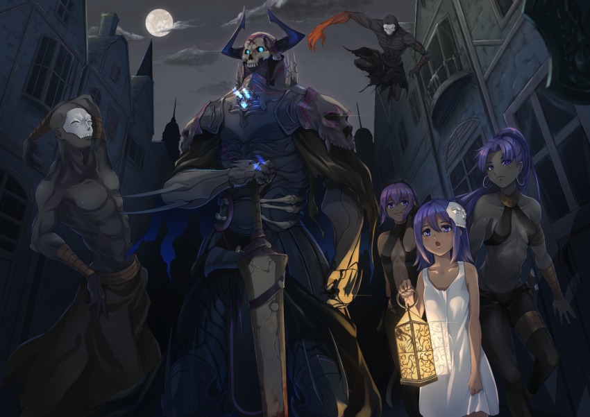 3boys 3girls :o abs adjusting_hair arm_behind_head arm_up armlet armor armpits assassin_(fate/zero) balcony bald bare_arms bare_shoulders black_gloves black_hairband black_pants black_sky blue_eyes breastplate breasts building center_opening child_assassin_(fate/zero) cleavage closed_mouth cloud collarbone colored_skin cowboy_shot dagger dark-skinned_female dark_skin dress earrings elbow_gloves expressionless fate/stay_night fate_(series) female_assassin_(fate/zero) flat_chest full_moon gauntlets gloves glowing glowing_eyes hair_between_eyes hairband hand_up hassan_of_serenity_(fate) hassan_of_the_cursed_arm_(fate) height_difference highres holding holding_sword holding_weapon hoop_earrings horns jewelry king_hassan_(fate) knee_pads knife lantern leaning_forward legs_apart light long_hair looking_at_viewer mask mask_on_head midair moon multiple_boys multiple_girls muscular nakaga_eri navel night night_sky open_mouth outdoors pants parted_bangs ponytail purple_eyes purple_hair revealing_clothes sheath sheathed short_hair shoulder_spikes skull skull_mask sky sleeveless sleeveless_dress smile spikes standing stomach sundress sword teeth tight_clothes tight_pants topless_male torn_clothes town trait_connection underboob very_dark_skin very_long_hair weapon white_dress window