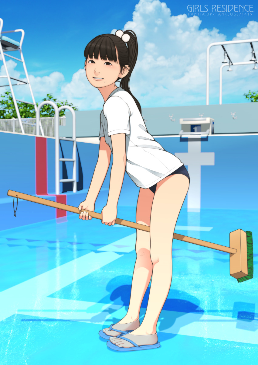 1girl absurdres bare_legs between_legs black_eyes black_hair blue_buruma blue_sky blunt_bangs broom buruma chair cloud empty_pool flip-flops from_side full_body grin gym_uniform hair_bobbles hair_ornament high_ponytail highres holding leaning_forward lifeguard_chair long_hair looking_at_viewer mole mole_under_mouth original outdoors ponytail pool sandals shinchou_ni_kansuru_kousatsu shirt sky smile solo sunlight wading watermark web_address white_shirt