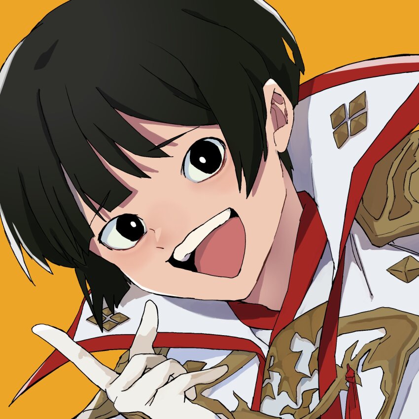 1boy :d asahi_sas_brutus black_eyes black_hair blunt_bangs bowl_cut bright_pupils close-up collared_jacket commentary dutch_angle final_fantasy final_fantasy_xiv glaa_da gloves hand_up high_collar highres hyur jacket looking_at_viewer male_focus open_mouth portrait short_hair simple_background smile solo symbol-only_commentary white_gloves white_jacket white_pupils yellow_background