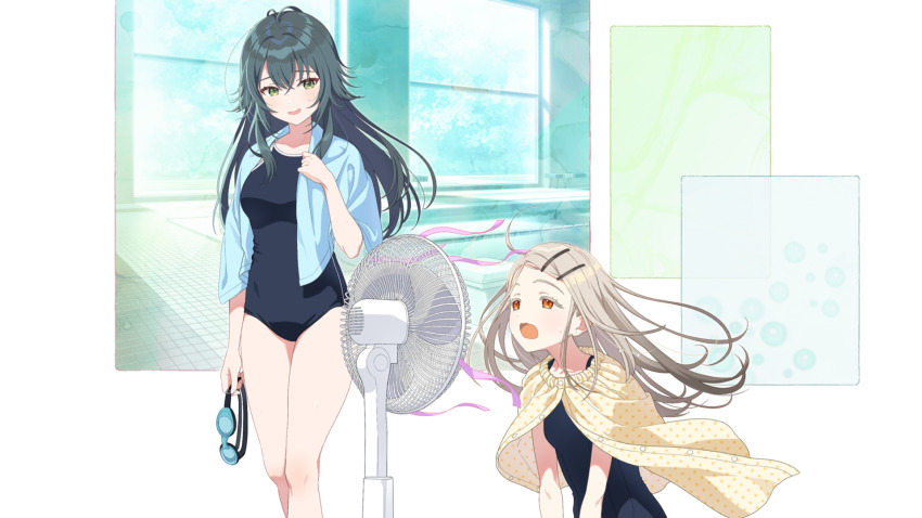 2girls black_hair blonde_hair buttons electric_fan gakuen_idolmaster game_cg goggles green_eyes green_hair hair_ornament hairclip highres holding idolmaster multicolored_hair multiple_girls official_art one-piece_swimsuit open_mouth orange_eyes polka_dot shinosawa_hiro swimsuit tile_floor tiles towel tsukimura_temari window