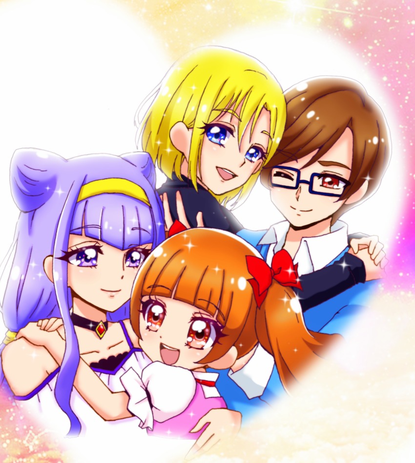 10s 2boys 2girls ;) aisaki_emiru aisaki_masato blonde_hair blue_eyes bow brother_and_sister brown_hair colored_eyelashes cone_hair_bun couple glasses hair_bow hair_bun hairband highres hug hugtto!_precure multiple_boys multiple_girls one_eye_closed orange_hair precure purple_hair rectangular_eyewear red_bow reira_(reomimi0211) ruru_amour siblings smile twintails wakamiya_henri yaoi yuri