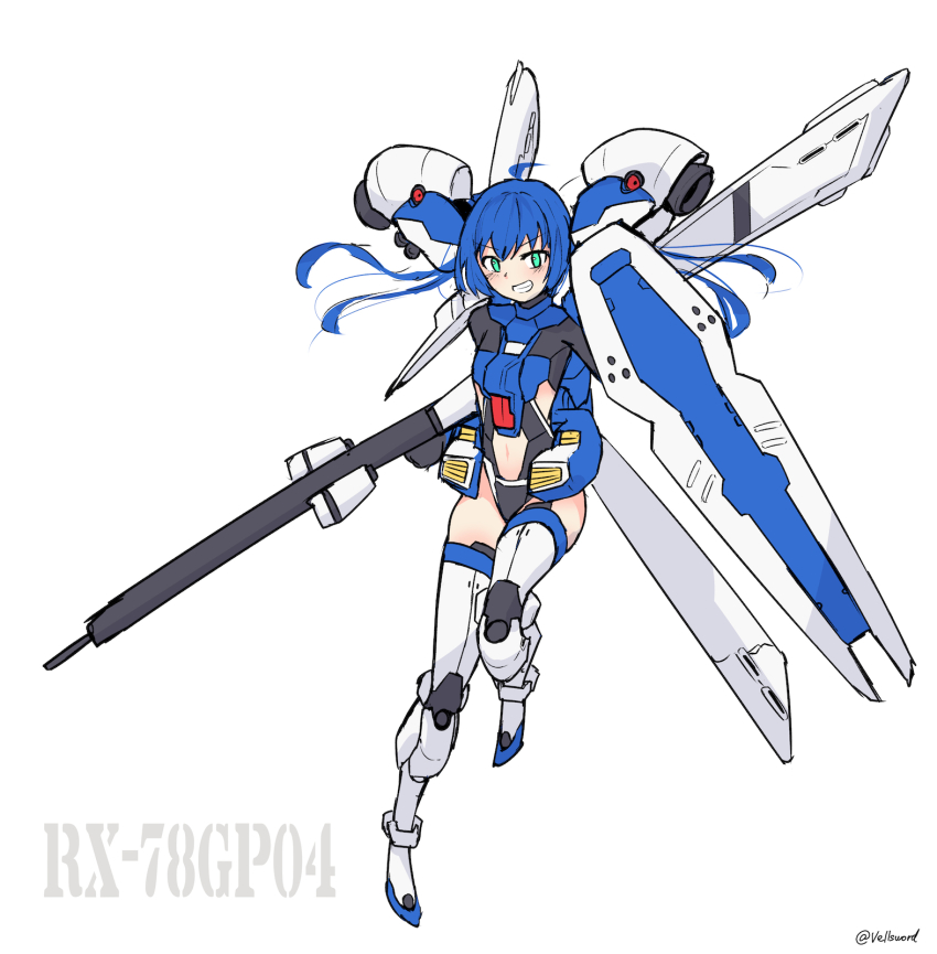 1girl blue_hair boots clothing_cutout flat_chest floating floating_hair green_eyes gun gundam gundam_0083 gundam_gp-04_gerbera highres holding holding_gun holding_shield holding_weapon i.takashi long_hair looking_at_viewer navel navel_cutout personification shield sketch smile solo thigh_boots thighhighs v-shaped_eyebrows weapon white_background