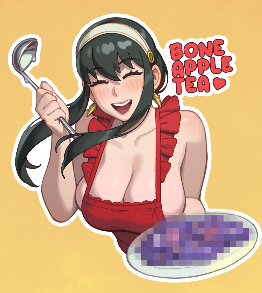 1girl absurdres apron bad_food bare_shoulders black_hair blush body_blush bone_apple_tea breasts censored censored_food cleavage closed_eyes collarbone ear_blush earrings english_text female_focus food hairband heart highres holding holding_food holding_ladle holding_plate jewelry ladle large_breasts lipstick long_hair long_sidelocks looking_at_viewer makeup meme mosaic_censoring naked_apron open_mouth plate red_apron rizdraws sideboob sidelocks simple_background smile solo spy_x_family standing teeth text_focus translation_request upper_body upper_teeth_only yellow_background yor_briar