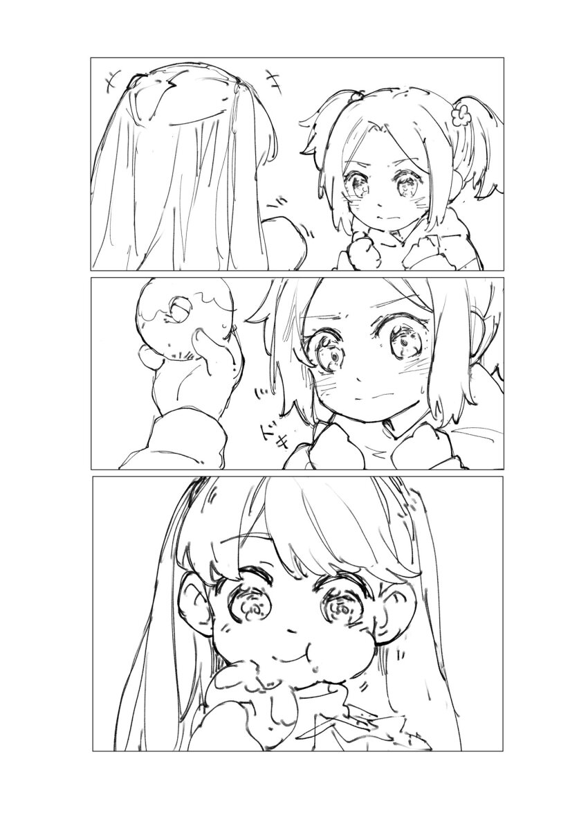 +++ 2girls :t child donut eating food food_bite fujishima_megumi fujishima_megumi_(young) greyscale highres holding holding_donut holding_food hood hood_down hoodie l9525 link!_like!_love_live! long_hair love_live! mira-cra_park! monochrome multiple_girls open_mouth osawa_rurino osawa_rurino_(young) parted_bangs profile short_hair short_twintails sweater turtleneck turtleneck_sweater twintails two_side_up virtual_youtuber