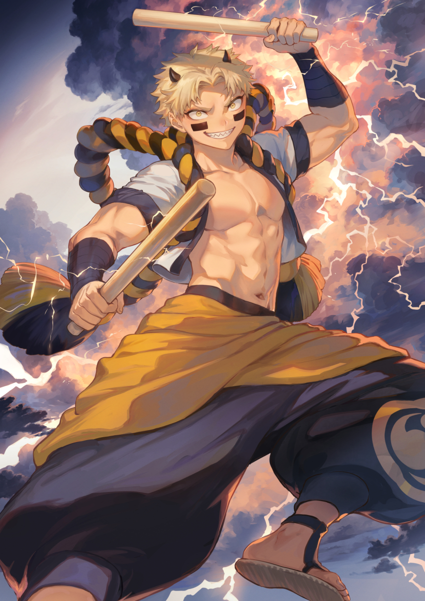 1boy black_horns black_pants blonde_hair drumsticks electricity facial_tattoo foot_out_of_frame highres holding holding_drumsticks horns jacket male_focus mashutarou_(neko_no_oyashiro) muscular no_shirt original pants raijin_(mythology) sharp_teeth solo tattoo teeth thunder white_jacket