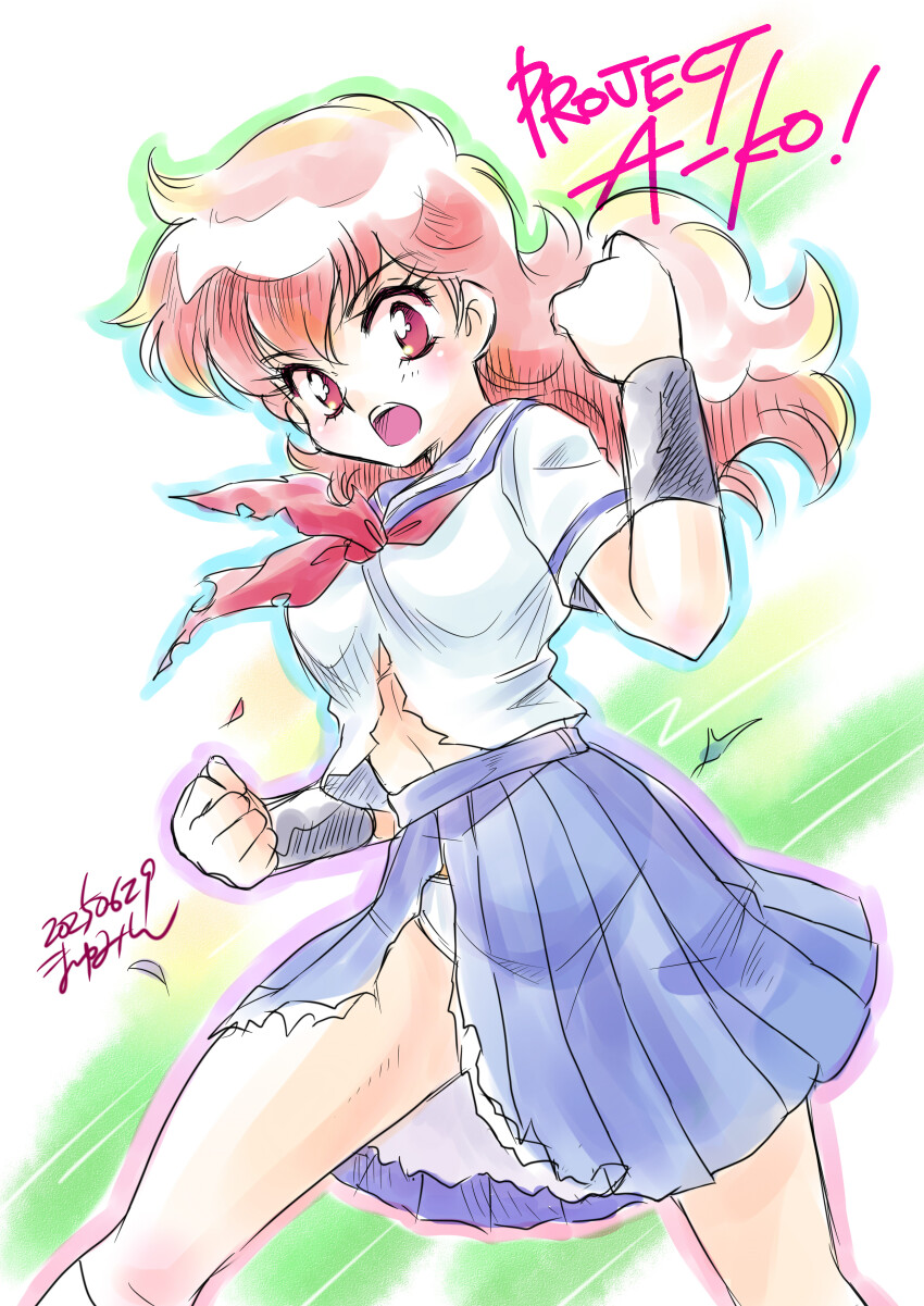 1girl absurdres arm_up blue_skirt breasts brown_eyes brown_hair clenched_hands copyright_name highres kisaragi_miyuki kneehighs legs_apart long_hair magami_eiko navel open_mouth panties pleated_skirt project_a-ko sailor_collar school_uniform serafuku shirt skirt socks solo thighs torn_clothes torn_shirt torn_skirt underwear white_panties white_shirt white_socks