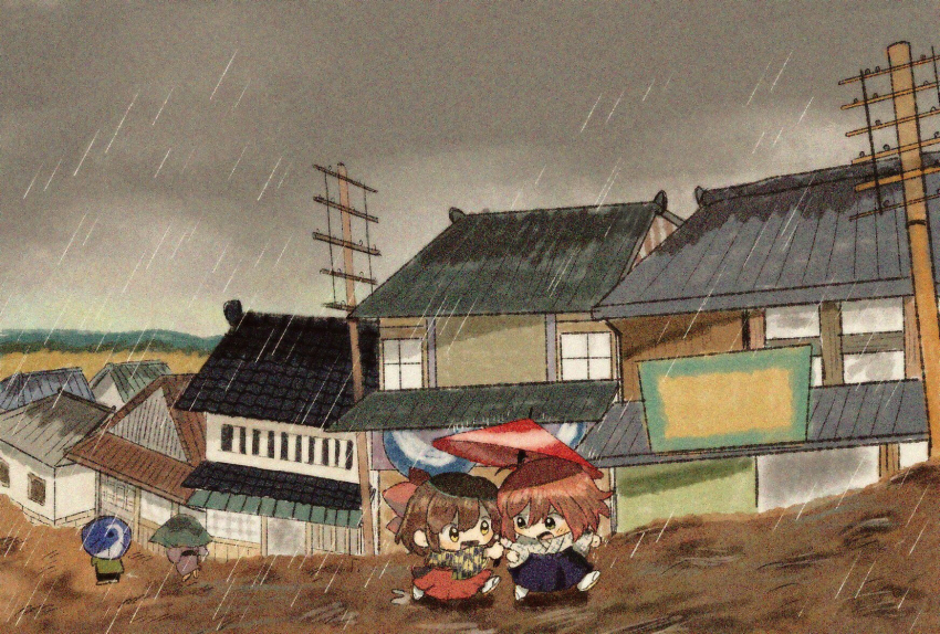 1boy 1girl architecture ayazuki_mei black_kimono black_sleeves blue_hakama blush_stickers bow brown_hair checkered_clothes checkered_kimono checkered_sleeves chibi cloud cloudy_sky day east_asian_architecture full_body green_eyes hair_bow hakama hakama_skirt highres holding holding_umbrella izumi_kyouka_(meiji_tokyo_renka) japanese_clothes kimono long_sleeves meiji_tokyo_renka oil-paper_umbrella one_eye_closed open_mouth outdoors people power_lines rain red_bow red_hair red_hakama red_umbrella running sandals shadow sharing short_hair short_kimono skirt sky slice_of_life smile socks sugi_haeru tabi two-tone_kimono two-tone_sleeves umbrella v-shaped_eyebrows village white_kimono white_sleeves white_socks wide_sleeves yellow_eyes yellow_kimono yellow_sandals yellow_sleeves zouri