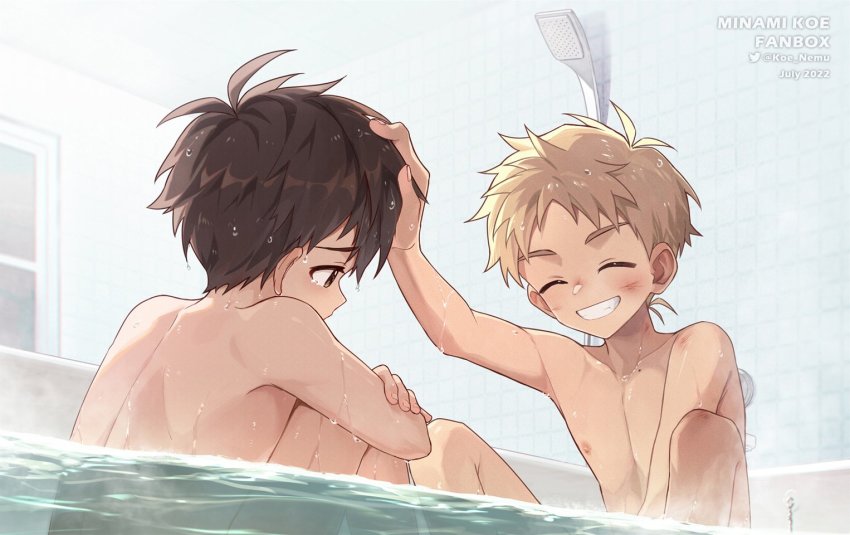 2boys bare_pectorals bathtub blonde_hair brown_hair child closed_eyes commentary_request completely_nude crossed_arms hand_in_another&#039;s_hair headpat indoors koe_(mixpi) male_focus multiple_boys nipples nude original partially_submerged pectorals submerged teeth tile_wall tiles water