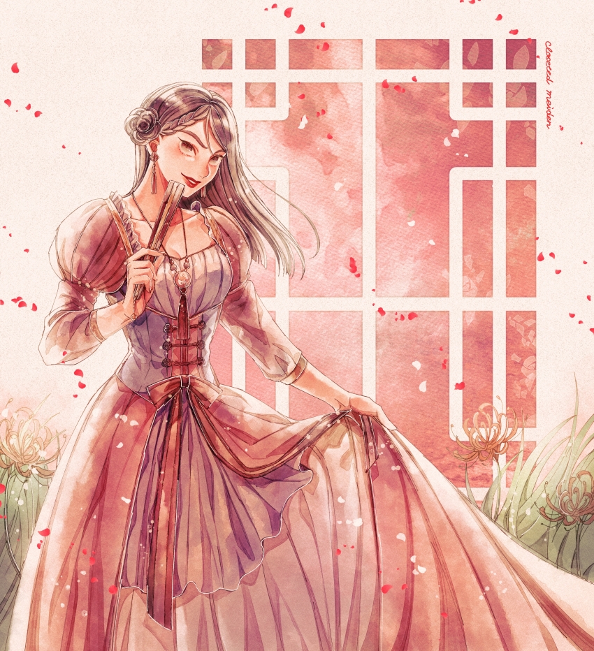1girl absurdres alternate_costume animification asian black_hair braid brown_eyes dress fa_mulan_(disney) hair_bun highres holding long_hair long_sleeves looking_at_viewer makeup mizala mulan_(movie) single_braid smile solo white_dress