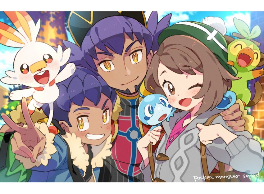 1girl 2boys ;d backpack bag black_shirt blue_jacket blush bob_cut bright_pupils brown_bag brown_eyes brown_hair buttons cable_knit cardigan champion_uniform closed_mouth collared_dress commentary copyright_name dark-skinned_male dark_skin day dress facial_hair fur-trimmed_jacket fur_trim gen_8_pokemon gloria_(pokemon) green_bag green_headwear grey_cardigan grin grookey hand_on_another&#039;s_shoulder hat hood hooded_cardigan hop_(pokemon) jacket leon_(pokemon) letterboxed looking_at_viewer miya_(ete) multiple_boys nintendo one_eye_closed open_mouth outdoors pink_dress pokemon pokemon_(creature) pokemon_swsh purple_hair scorbunny shield_print shirt short_hair smile sobble starter_pokemon_trio sword_print symbol-only_commentary tam_o&#039;_shanter teeth tongue yellow_eyes