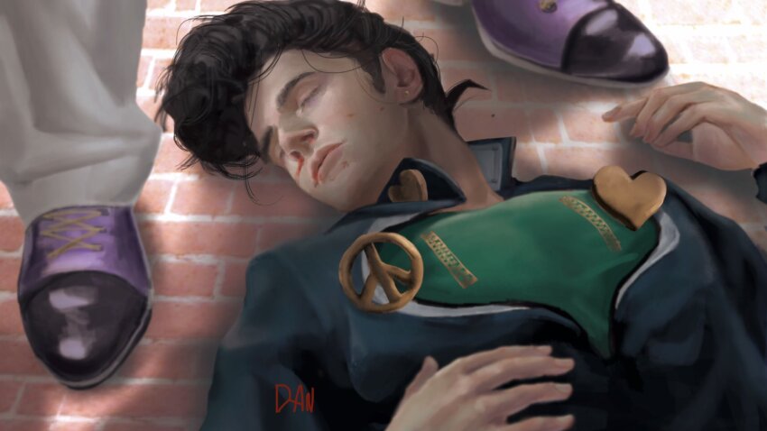 2boys black_hair blood blood_on_face closed_eyes closed_mouth commentary_request danart14020 diamond_wa_kudakenai gakuran heart higashikata_josuke highres jojo_no_kimyou_na_bouken kuujou_joutarou long_sleeves lying male_focus multiple_boys nosebleed pants peace_symbol pompadour realistic school_uniform shoes unconscious white_pants