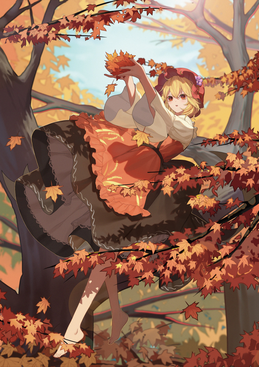 1girl absurdres aki_minoriko autumn autumn_leaves barefoot blonde_hair blurry cupping_hands day depth_of_field dress falling_leaves female_focus floating food forest fruit grapes hair_ornament hat hat_ornament highres holding holding_leaf houraisan_chouko in_tree layered_dress leaf leaf_hair_ornament long_sleeves maple_leaf mob_cap nature outstretched_arms own_hands_together parted_lips red_hat short_hair sky solo touhou tree tree_shade wide_sleeves