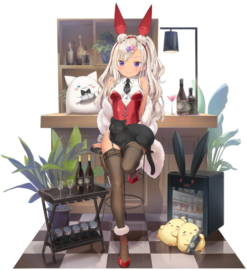 1girl animal animal_ears archerfish_(azur_lane) archerfish_(coquettish_bunny)_(azur_lane) azur_lane bare_shoulders bird black_thighhighs bottle breasts cat chick closed_mouth cocktail_glass cup drinking_glass fake_animal_ears feather_boa garter_straps hairband highleg highleg_leotard highres kani_biimu leg_up leotard long_hair looking_at_viewer manjuu_(azur_lane) medium_breasts meowfficer_(azur_lane) necktie off_shoulder official_alternate_costume official_art one_side_up playboy_bunny purple_eyes rabbit_ears red_leotard red_shoes shoes short_necktie silver_hair sitting smile solo stool tan tanline thighhighs thighs transparent_background wavy_hair wing_collar