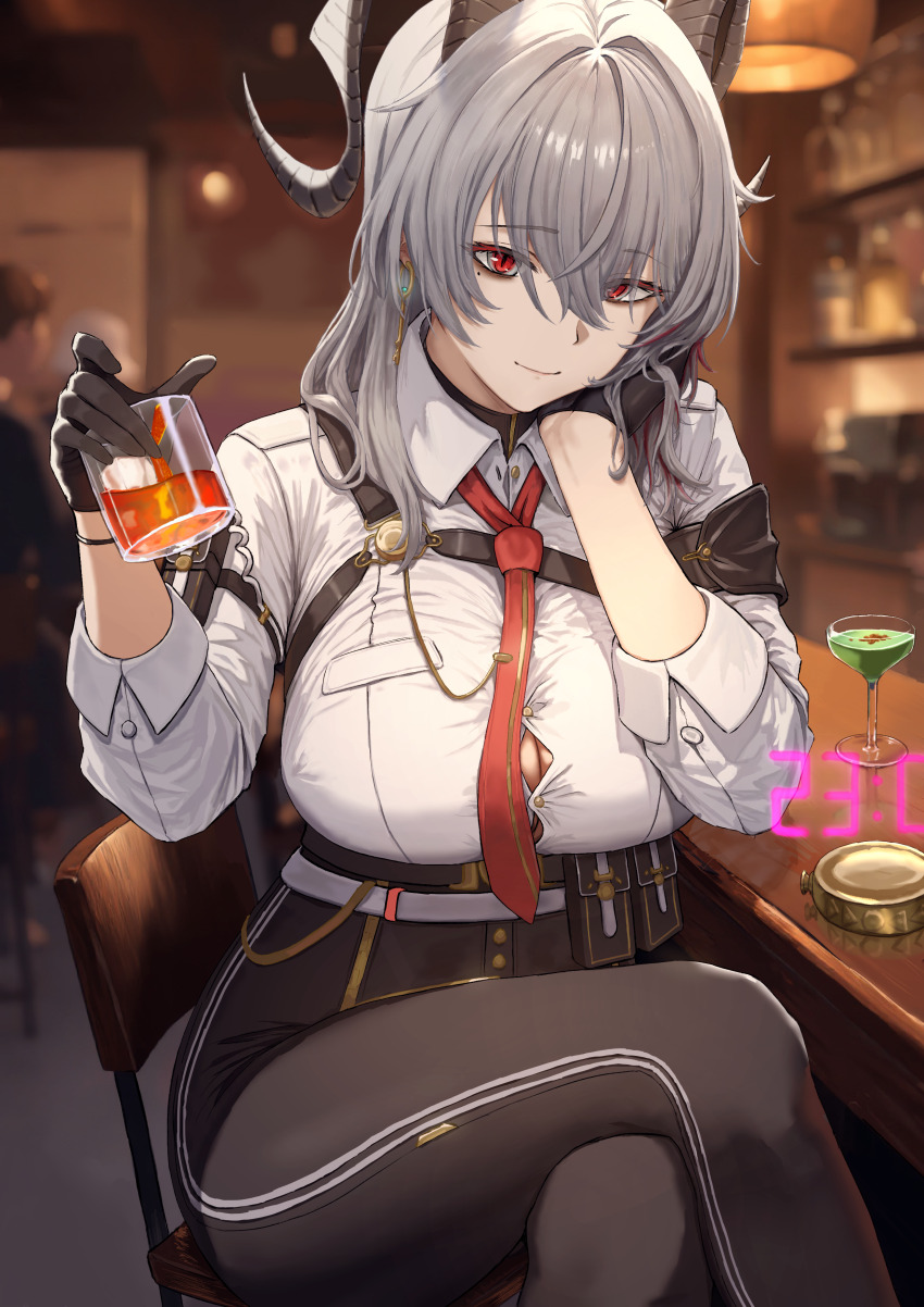 1girl absurdres arm_pouch armband black_armband black_gloves black_horns black_pants black_pouch blurry blurry_background breasts button_gap chest_harness closed_mouth collared_shirt commentary crossed_legs cup curled_horns drinking_glass english_commentary fengyu_ye gloves grey_hair hair_ornament harness high-waist_pants highres holding holding_cup horns large_breasts long_hair looking_at_viewer mole mole_under_eye multicolored_hair necktie pants red_eyes red_necktie shirt shirt_tucked_in smile solo streaked_hair tight_clothes tight_pants white_shirt wuthering_waves zani_(wuthering_waves)