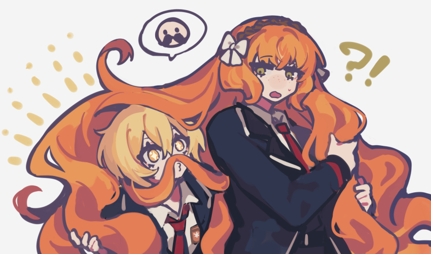 !? 2girls black_jacket blonde_hair bow collared_shirt don_quixote_(project_moon) dress_shirt er_hea freckles green_eyes hair_bow hair_mustache hairband highres ishmael_(project_moon) jacket lapels limbus_company multiple_girls necktie playing_with_another&#039;s_hair playing_with_own_hair project_moon red_necktie shirt sparkling_eyes white_shirt