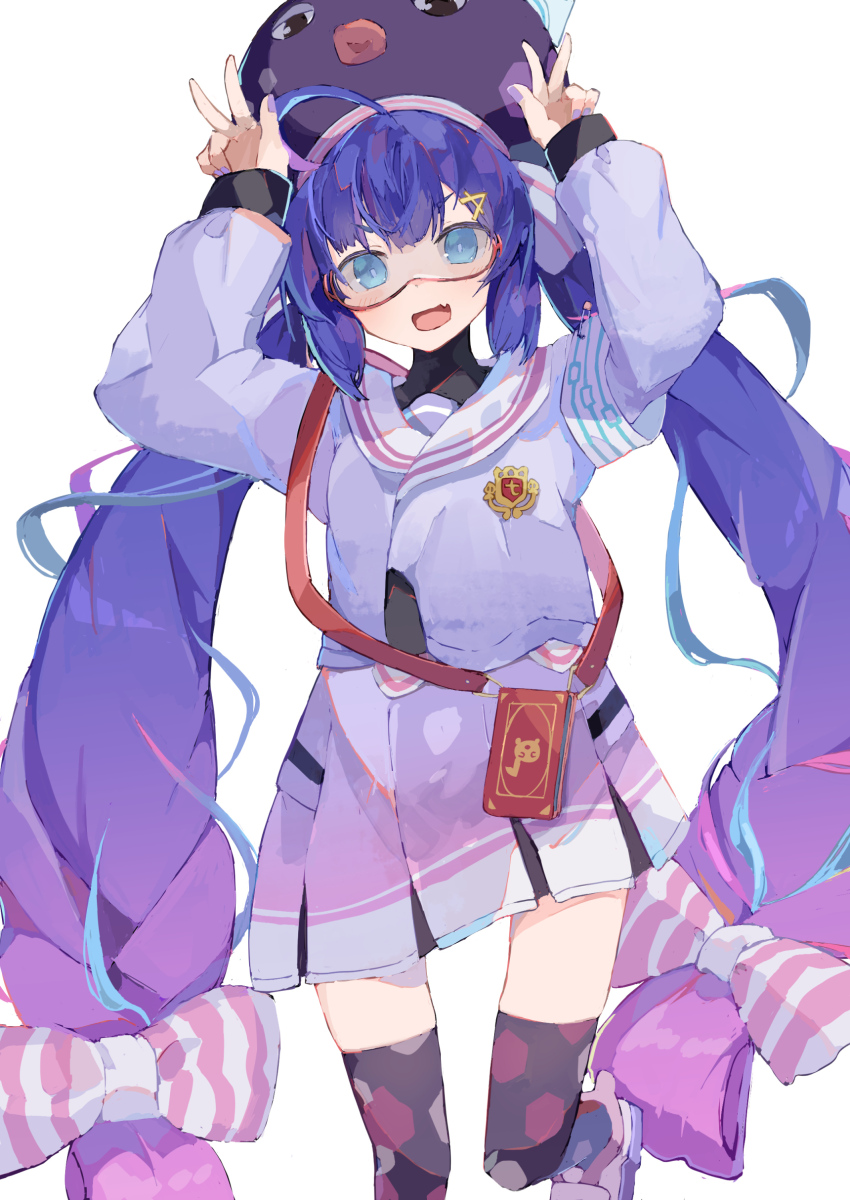 1girl absurdres ahoge animal_hat armband arms_up black_hat black_thighhighs black_undershirt blue_eyes blue_hair blue_streaks blunt_bangs bow braid cellphone_strap commentary_request double_v eel_hat fang feet_out_of_frame goggles gradient_clothes gradient_hair gradient_skirt hair_between_eyes hair_bow hair_ornament hairclip hat hat_ribbon highres honeycomb_(pattern) honeycomb_print jacket large_hat long_hair long_sleeves looking_at_viewer low-braided_long_hair low-tied_long_hair low_twintails mimikuri_(user_mtdk7723) mortarboard multicolored_hair multicolored_shoes multicolored_skirt open_mouth otomachi_una otomachi_una_(voicepeak) pink_skirt pink_streaks pleated_skirt print_thighhighs puffy_long_sleeves puffy_sleeves purple_jacket purple_skirt red-framed_eyewear ribbon safety_pin sailor_collar sailor_jacket shirt shoes shoulder_strap simple_background skin_fang skirt smartphone_case smile solo standing standing_on_one_leg streaked_hair striped_bow striped_ribbon thighhighs turtleneck turtleneck_shirt twintails v v-shaped_eyebrows vertical-striped_bow very_long_hair voicepeak white_armband white_background white_bow white_ribbon white_sailor_collar white_shoes