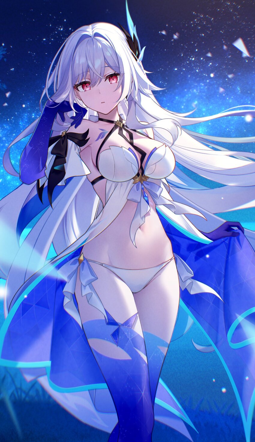 1girl alternate_costume bikini breasts cleavage closed_mouth expressionless genshin_impact grey_hair hair_between_eyes hair_ornament highres kisaragi_yuri large_breasts long_hair looking_at_viewer navel red_eyes skirk_(genshin_impact) solo star_(sky) starry_sky_background stomach swimsuit very_long_hair white_bikini