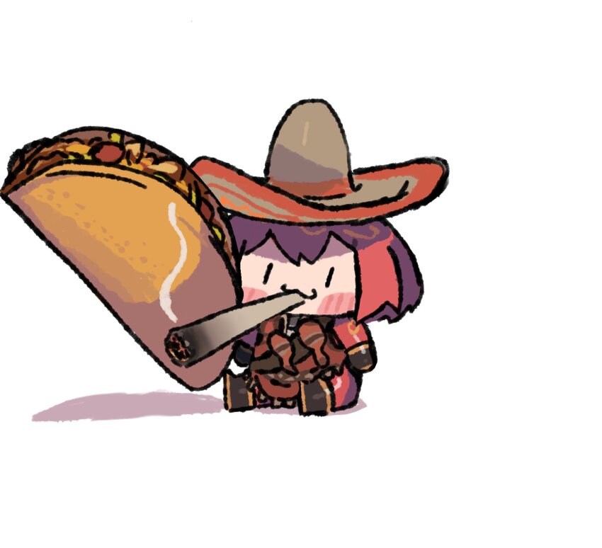 1girl :3 black_boots black_gloves bob_cut bodysuit boots chibi closed_mouth commentary commission english_commentary food genderswap genderswap_(otf) gloves hat highres holding holding_food looking_at_viewer marijuana pyro_(tf2) red_bodysuit red_hair red_pyro_(tf2) short_hair simple_background sitting smile smoking solo sombrero taco team_fortress_2 wersman white_background |_|