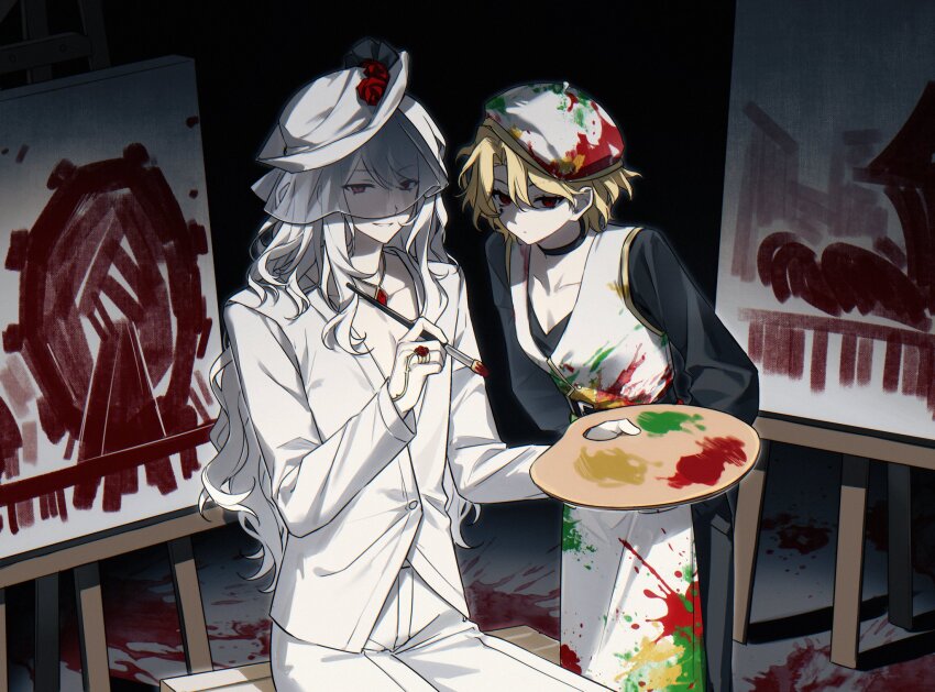 1boy 1girl apron black_choker black_dress blonde_hair blood blood_on_clothes blood_on_hat choker closed_mouth don_quixote_(project_moon) dress flower_ring gem gold_trim highres holding holding_paint_palette holding_paintbrush jacket jewelry kamisiro_sora la_manchaland&#039;s_don_quixote_(project_moon) limbus_company looking_at_viewer necklace paint_on_clothes paint_palette paint_splatter paintbrush painting_(object) pants parted_bangs project_moon red_eyes red_gemstone ring_(identity)_(project_moon) sancho_(project_moon) short_hair smile veil wavy_hair white_apron white_hair white_jacket white_pants white_veil