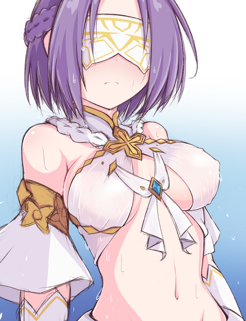 1girl absurdres artist_request blue_background blush braid breasts cosplay covered_erect_nipples covered_eyes embarrassed gradient_background highres jun_(princess_connect!) kuroha_koudai medium_breasts navel princess_connect! purple_hair short_hair yui_(ceremonial)_(princess_connect!) yui_(princess_connect!) yui_(princess_connect!)_(cosplay)