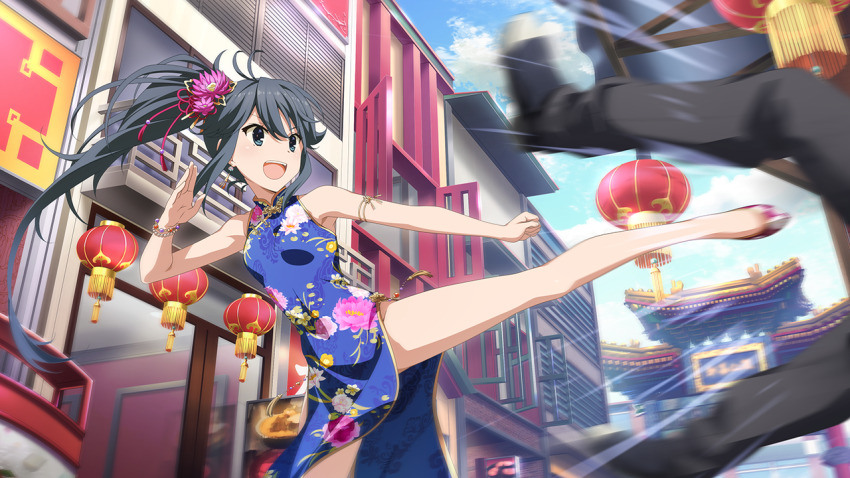1boy 1girl :d black_hair blue_dress blue_eyes blurry bracelet breasts building china_dress chinese_clothes clenched_hand day dress earrings floral_print flower game_cg hair_between_eyes hair_flower hair_ornament high_heels high_kick jewelry kicking long_hair motion_blur official_art open_mouth outdoors ponytail print_dress side_slit small_breasts smile solo_focus toji_no_miko toji_no_miko:_kizamishi_issen_no_tomoshibi v-shaped_eyebrows yamashiro_yui