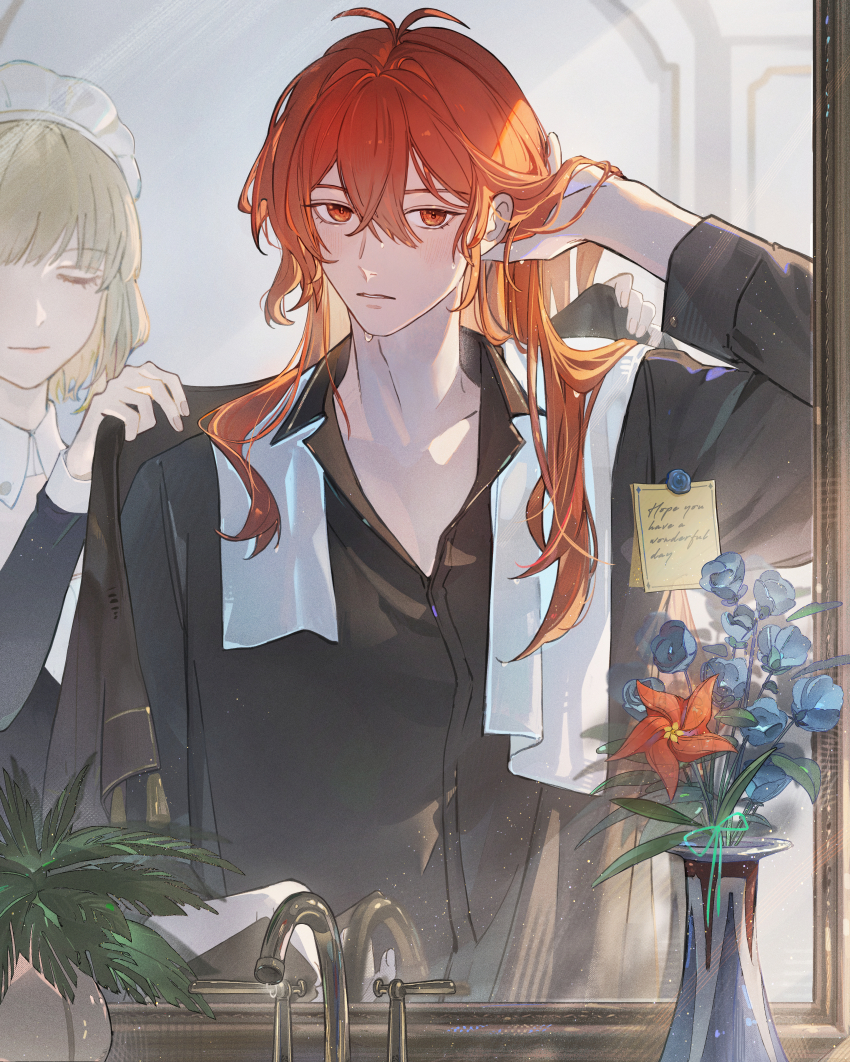 1boy 1girl absurdres adelinde_(genshin_impact) aji_11300913 black_shirt blonde_hair blue_flower blush closed_eyes closed_mouth collarbone collared_shirt commentary_request diluc_(genshin_impact) english_text flower genshin_impact hair_between_eyes hand_in_own_hair highres light_particles long_hair long_sleeves looking_at_mirror maid maid_headdress male_focus medium_hair mirror parted_lips plant red_eyes red_flower red_hair shirt solo_focus towel towel_around_neck upper_body vase wet