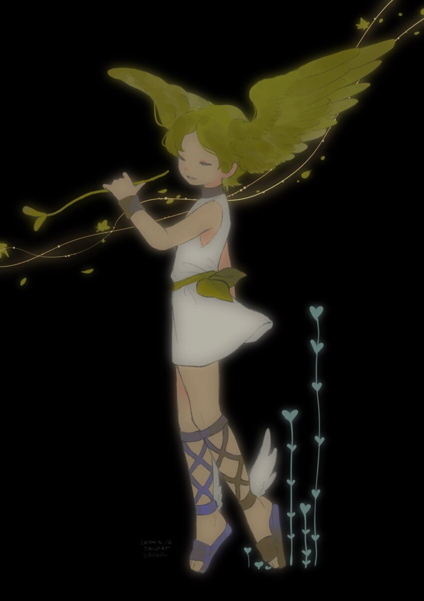 1boy absurdres ankle_wings belt black_background brown_sandals closed_eyes closed_mouth full_body green_belt green_eyes green_wings head_wings heart highres male_focus original sandals shieriru shirt simple_background skirt solo standing white_shirt white_skirt wings wrist_cuffs