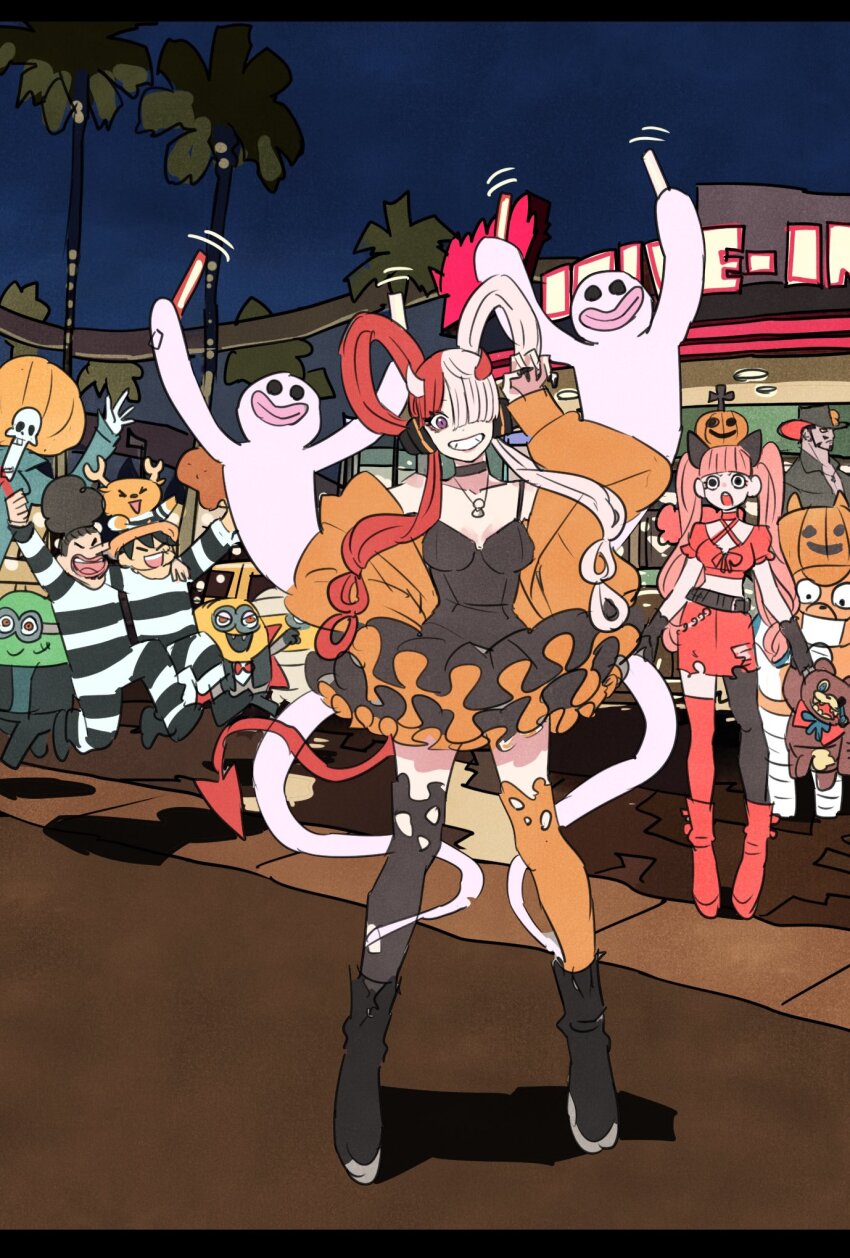 2girls belt black_choker black_nails black_thighhighs blunt_bangs brook_(one_piece) choker commentary_request criss-cross_halter dracule_mihawk dress facial_hair food frilled_dress frills full_body ghost hair_over_one_eye halloween_costume halterneck hat headphones highres holding horns jacket jewelry kumacy long_nose long_sleeves mask meat minion_(despicable_me) minions_(movie) monkey_d._luffy mouth_mask multiple_girls mustache necklace night night_sky one_piece orange_jacket orange_thighhighs palm_tree pantyhose perona pink_hair prison_clothes pumpkin purple_eyes red_hair red_thighhighs scar scar_on_face sky smile straw_hat stuffed_animal stuffed_toy tail takeuchi_ryousuke teddy_bear thighhighs tony_tony_chopper tree twintails usopp uta_(one_piece) white_hair