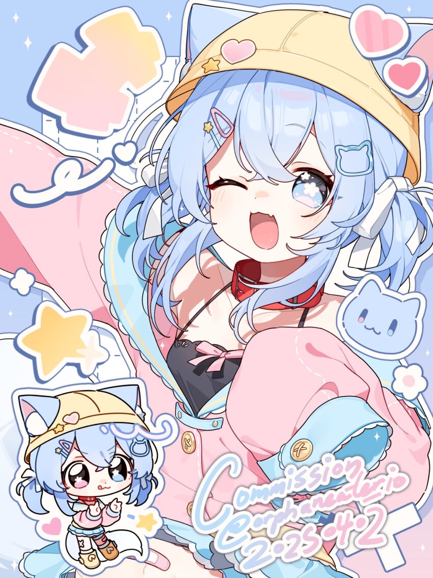 1girl :d animal_ear_fluff animal_ears bare_shoulders belt_collar black_camisole blue_background blue_eyes blue_hair blue_skirt blush bow breasts buttons camisole cat_ears cat_girl cat_hair_ornament cat_tail chibi chibi_inset collar collarbone commission dated diamond_(shape) dot_nose double-parted_bangs fang flower_in_eye flower_symbol frilled_jacket frills grid_background hair_ornament hair_ribbon hairclip hat heart heart_sticker heterochromia highres jacket jacket_partially_removed long_sleeves looking_at_viewer medium_hair one_eye_closed open_mouth original orphaneater_io outstretched_arms pink_bow pink_eyes pink_jacket puffy_long_sleeves puffy_sleeves red_collar ribbon shooting_star_hair_ornament short_twintails sidelocks skirt sleeves_past_fingers sleeves_past_wrists small_breasts smile spaghetti_strap star_(symbol) star_hair_ornament star_sticker symbol_in_eye tail twintails twitter_username upper_body white_background white_ribbon yellow_hat