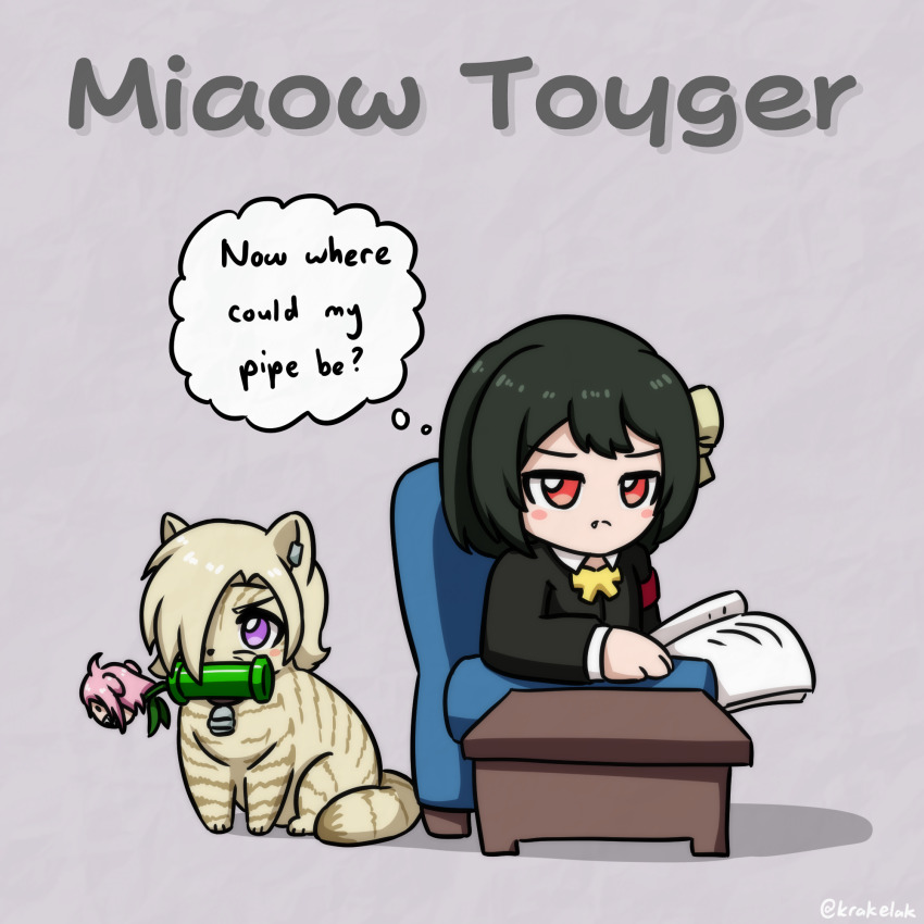 1girl ahoge animalization armband armchair black_hair black_jacket blonde_hair blush_stickers bob_cut book bow brown_cat chair chibi collared_shirt cosplay english_text fang fang_out frown grey_background hair_bow hair_over_one_eye highres holding holding_book industrial_pipe jacket krakelak long_sleeves love_live! love_live!_nijigasaki_high_school_idol_club mario_(series) mia_taylor mifune_shioriko mouth_hold nijigasaki_school_uniform nintendo on_chair one_eye_covered open_book orange_eyes pink_hair piranha_plant piranha_plant_(cosplay) pun purple_eyes red_armband school_uniform shirt short_hair sidelocks speech_bubble text_focus thought_bubble twitter_username two_side_up warp_pipe white_shirt winter_uniform yellow_bow zhong_lanzhu