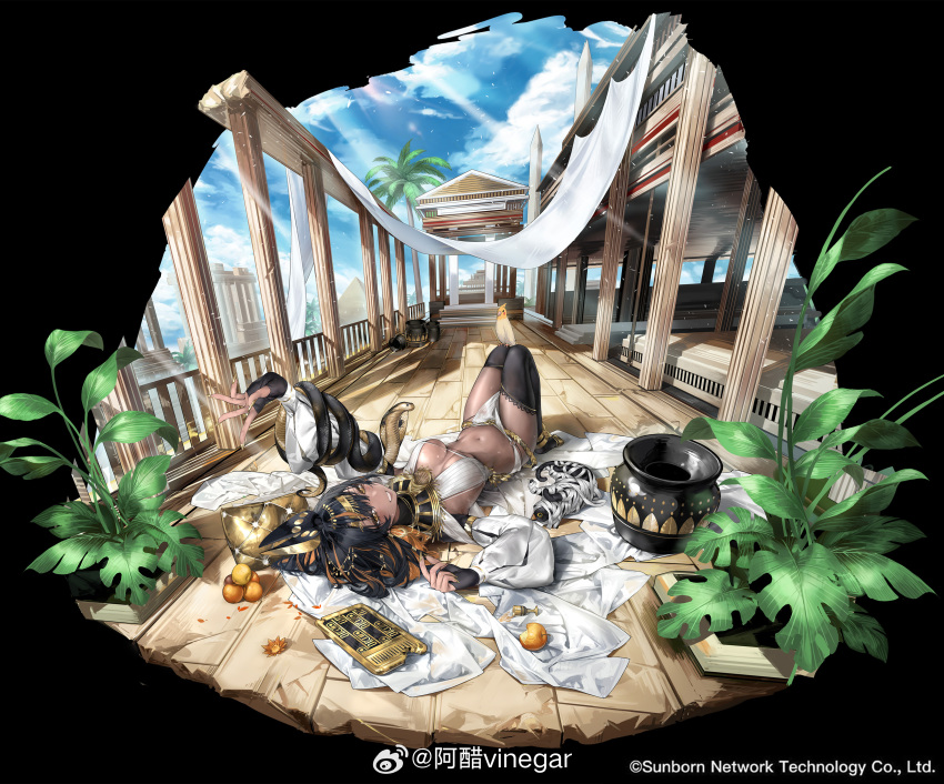 1girl absurdres ancient_egyptian_architecture ancient_egyptian_clothes animal_ears animal_on_arm apple arm_on_knee bird bitten_apple black_background black_cat black_footwear black_gloves black_hair black_thighhighs blue_sky breasts breasts_apart brick_floor cat cloud cobra_(animal) column copyright_notice dark-skinned_female dark_skin faux_figurine fingerless_gloves food food_bite fruit full_body girls&#039;_frontline girls&#039;_frontline_neural_cloud gloves grin hair_ornament hand_up harem_outfit highres imhotep_(neural_cloud) knees_up long_sleeves looking_at_viewer lying medium_breasts mole mole_under_eye multicolored_hair mummy_costume navel obelisk official_alternate_costume official_art on_back orange_hair parrot pelvic_curtain pillar plant puffy_long_sleeves puffy_sleeves railing sky smile snake solo streaked_hair teeth thighhighs upside-down usekh_collar vinegar_kira watermark weibo_watermark white_sleeves yellow_eyes