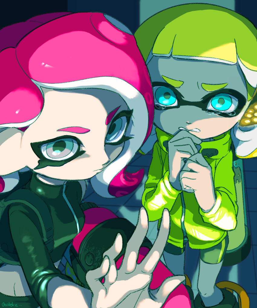 2girls absurdres agent_4_(splatoon) agent_8_(splatoon) artist_name backpack bag behind-the-head_headphones bike_shorts black_bag black_shirt black_shorts blonde_hair blue_eyes breasts clenched_hands clenched_teeth closed_mouth commentary_request crop_top crying crying_with_eyes_open grey_eyes hair_behind_ear headphones highres holding holding_weapon ink_tank_(splatoon) inkling jacket medium_hair multiple_girls nintendo octo_shot_(splatoon) octoling open_hand otoboke-san parted_bangs pink_hair serious shirt shorts single_sleeve splatoon_(series) splatoon_2 splatoon_2:_octo_expansion squidbeak_splatoon tears teeth tentacle_hair weapon yellow_jacket
