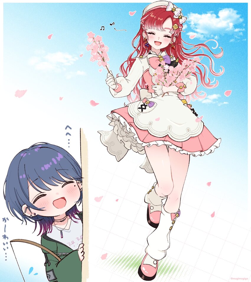 2girls :d ^_^ apron artist_name barbell_piercing beret blue_sky blush bow bowtie branch cherry_blossoms closed_eyes clothes_writing cloud commentary_request day ear_piercing earrings eyelashes falling_petals floating_hair flower food-themed_earrings food_themed_earrings frilled_skirt frills gloves gradient_hair grape_earrings green_jacket grey_hair hair_ornament hat hat_bow highres holding holding_branch industrial_piercing jacket jewelry koshimizu_toru koshimizu_toru_(3rd_costume) leg_warmers long_hair long_sleeves medium_hair mole mole_under_eye mugimugigo multicolored_hair multiple_girls musical_note necklace nijisanji off_shoulder official_alternate_costume open_clothes open_jacket open_mouth outdoors parted_bangs petals piercing pink_bow pink_bowtie pink_flower pink_hair pink_shoes pink_skirt pleated_skirt pocket puffy_long_sleeves puffy_sleeves purple_bow purple_bowtie purple_hair red_hair saotome_berry saotome_berry_(1st_costume) shirt shoes skirt sky smile strawberry_earrings streaked_hair teeth twitter_username upper_teeth_only virtual_youtuber waist_apron white_apron white_bow white_gloves white_hat white_leg_warmers white_shirt