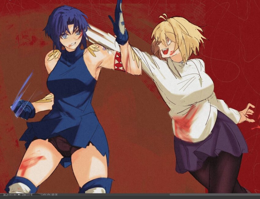 2girls angry arcueid_brunestud black_pantyhose blonde_hair blood blood_on_clothes blood_on_face blue_eyes blue_hair ciel_(tsukihime) clenched_hand dress ezekquel fang fighting fighting_stance gloves jewelry looking_at_another multiple_girls necklace open_hand pantyhose powered_ciel punching red_eyes shirt short_hair shorts skirt sleeveless sleeveless_shirt smile sweater tattoo thighs tsukihime tsukihime_(remake) turtleneck turtleneck_sweater