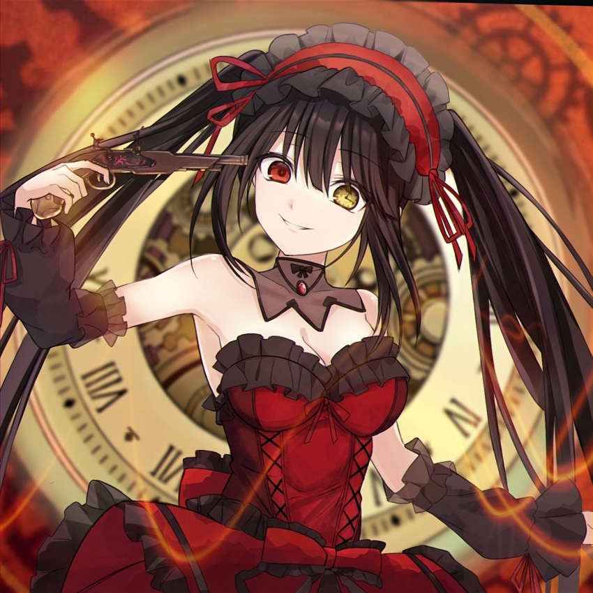 1girl antique_firearm bare_shoulders black_hair breasts cleavage date_a_live date_a_live:_date_a_bullet detached_collar detached_sleeves dress firearm firelock flintlock frilled_dress frilled_hairband frills grin gun hairband handgun head_tilt heterochromia highres holding holding_gun holding_weapon large_breasts looking_at_viewer red_dress red_eyes red_hairband red_ribbon ribbon saint_laurent_paris smile solo strapless strapless_dress tokisaki_kurumi twintails upper_body weapon yellow_eyes