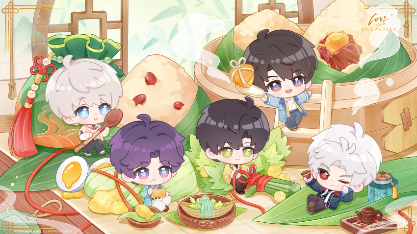 5boys ahoge black_hair black_pants blue_eyes blue_jacket blue_pants caleb_(love_and_deepspace) chibi chibi_only closed_mouth collared_shirt copyright_name coriander eating food food_on_face green_eyes grey_hair highres holding holding_spoon jacket leaf love_and_deepspace male_focus multiple_boys official_art one_eye_closed open_mouth outstretched_arms pants parted_bangs pouch purple_hair rafayel_(love_and_deepspace) red_eyes shirt shirt_under_sweater short_hair sitting smile softboiled_egg spoon steam sylus_(love_and_deepspace) tassel teapot tongue tongue_out white_pants white_shirt xavier_(love_and_deepspace) yellow_jacket zayne_(love_and_deepspace)