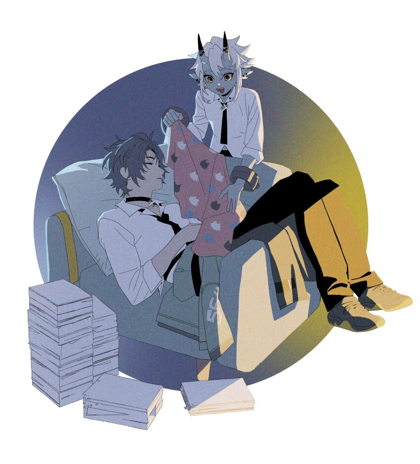 1boy 1girl absurdres asaba_harumasa black_choker black_footwear black_hair black_necktie black_pants blanket blue_horns blue_oni blue_skin choker closed_eyes collared_shirt colored_skin couch covering_with_blanket cross cross_choker earrings fang hair_between_horns headband highres horns jacket jewelry long_sleeves loose_necktie multicolored_horns necktie oni open_mouth pants paper_stack pd_honey pillow pointy_ears red_eyes shirt skin-covered_horns sleeping sleeves_rolled_up soukaku_(zenless_zone_zero) two-tone_horns unworn_headband unworn_jacket white_hair white_shirt yellow_headband zenless_zone_zero