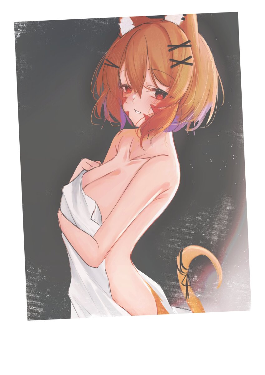 1girl absurdres ahoge animal_ear_fluff animal_ears blonde_hair border breasts cat_ears cat_girl cat_tail colored_inner_hair covering_privates facial_mark hair_ornament highres holding holding_towel indie_virtual_youtuber looking_at_viewer medium_breasts medium_hair multicolored_hair nude_cover parkiranhonda purple_hair red_eyes ribbon second-party_source shyrei_faolan solo tail tail_ornament tail_ribbon towel two-tone_hair virtual_youtuber whisker_markings white_border x_hair_ornament