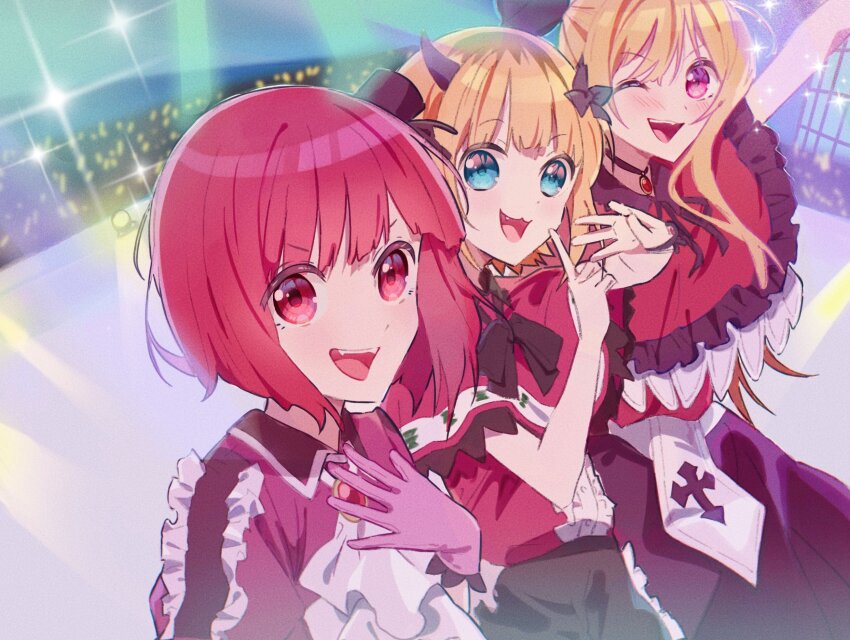 3girls arima_kana blonde_hair blue_eyes bob_cut dress gloves happy hat highres hoshino_ruby idol idol_clothes inverted_bob mem-cho multicolored_hair multiple_girls open_mouth oshi_no_ko pink_gloves red_dress red_eyes red_hair roots_(hair) short_hair smile star_(symbol) yamabukiyuki